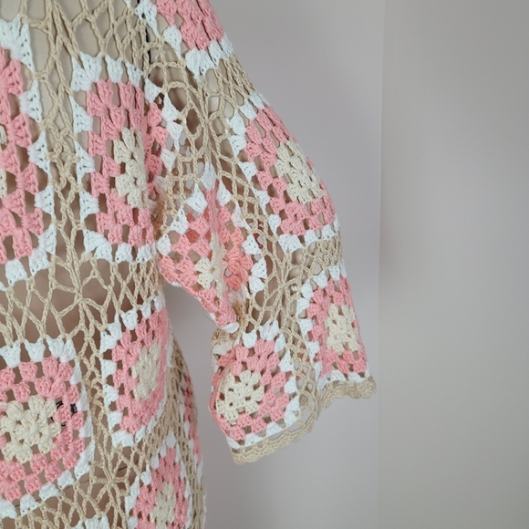POL Kauai Crochet Long Tie Cardigan In Blush Beige Size Medium Granny Squares - Picture 14 of 14